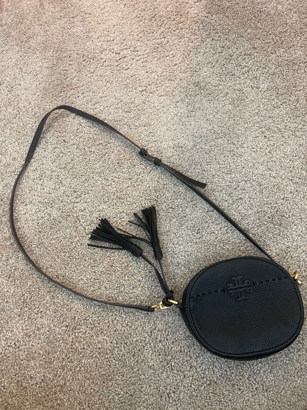 Tory Burch Black Pebbled Leather Round Crossbody with Tassels